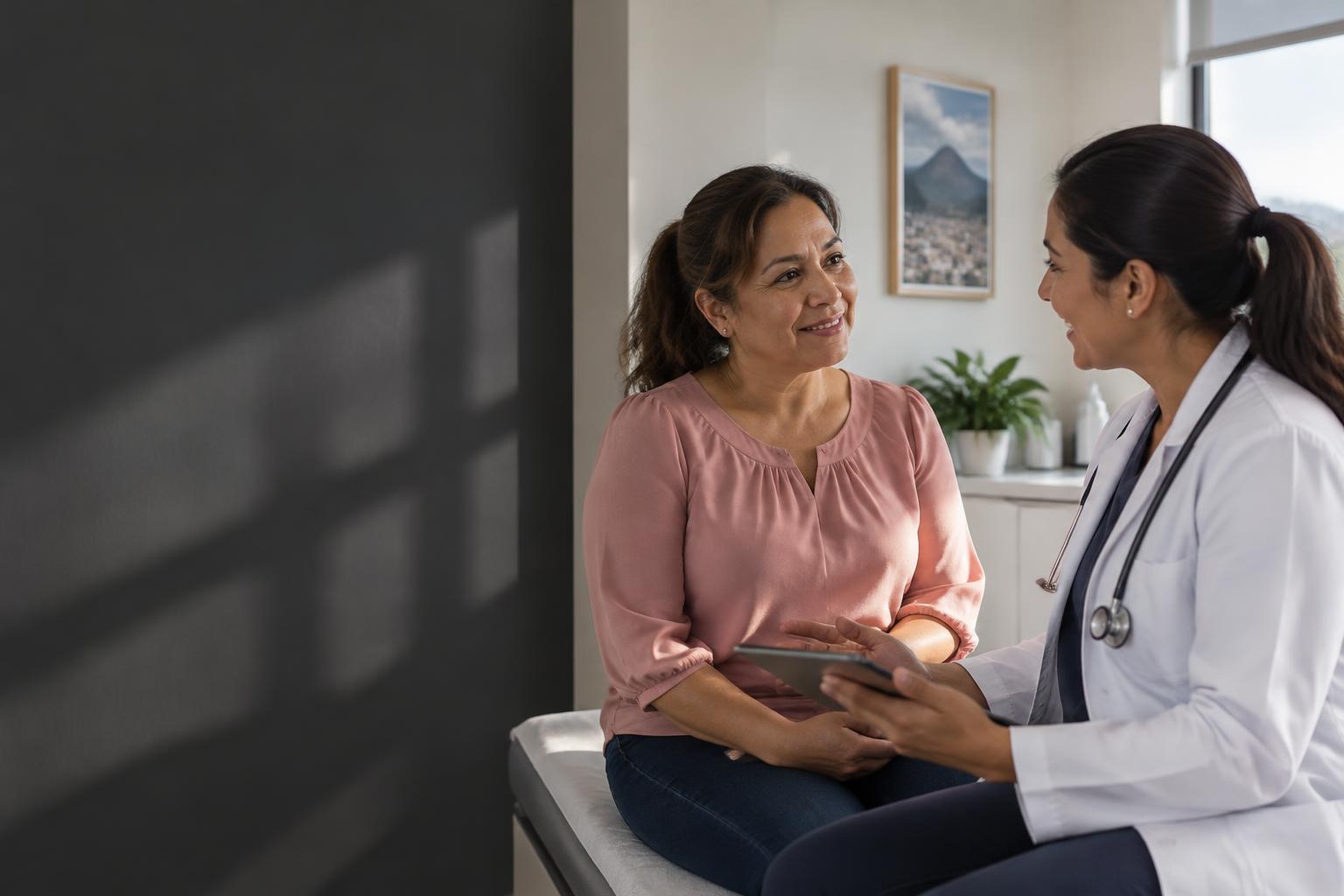 Illustrative image of a woman speaking with a doctor